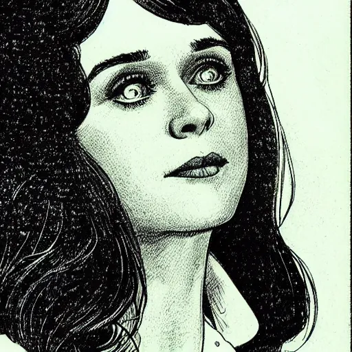 Prompt: franklin booth illustration of zooey deschanel