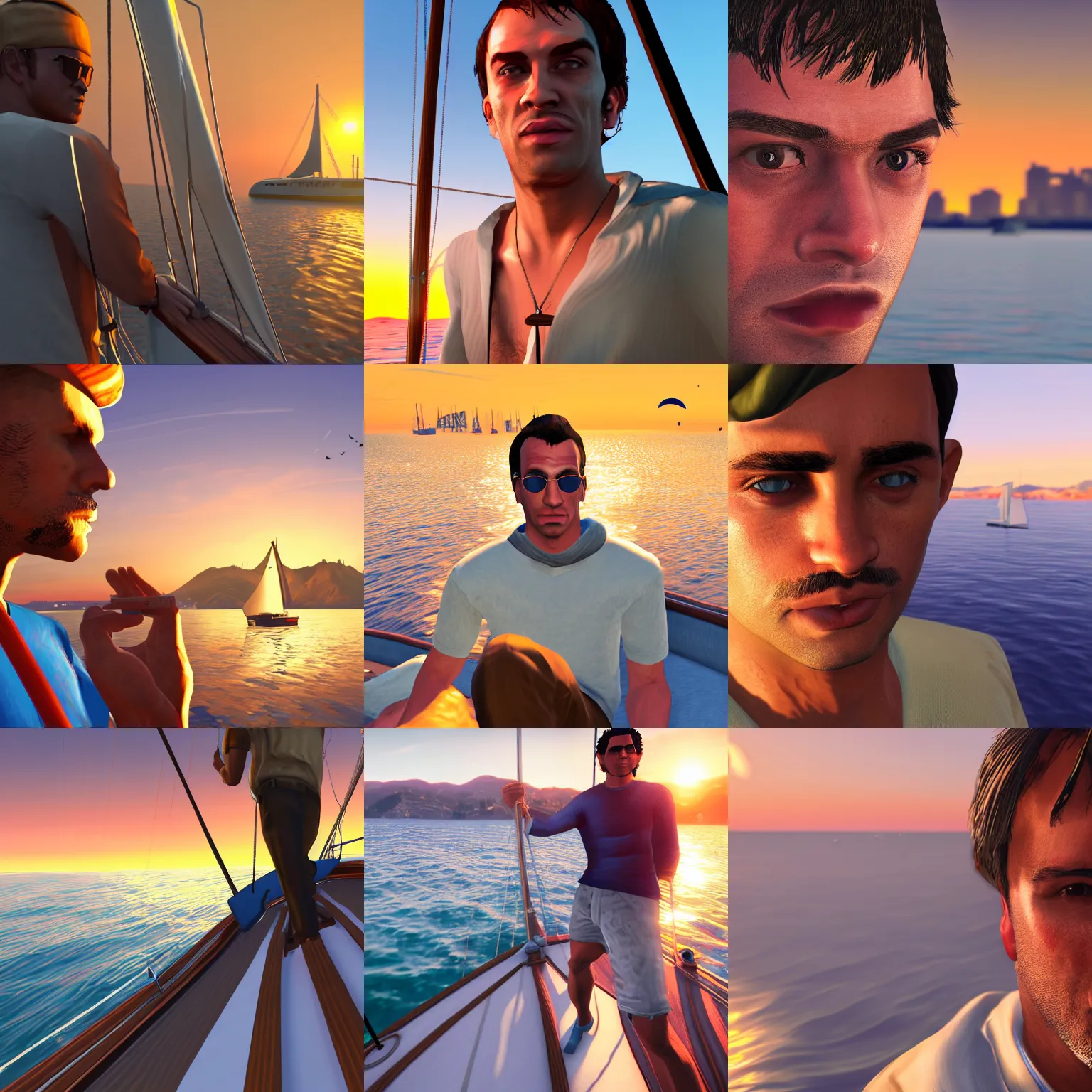 Prompt: Man in his twenties on a sailing boat, close up, highly detailed, sunset, GTA V character