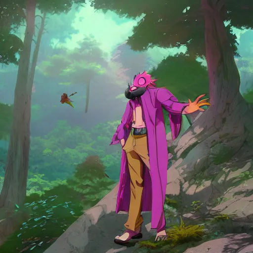 Image similar to concept art painting of an anthropomorphic anime style bearded dragon wearing magenta wizard robes, in the deep forest, realistic, detailed, cel shaded, in the style of makoto shinkai and greg rutkowski and james gurney