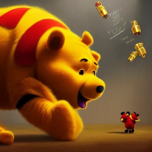 Image similar to xi jinping : : polished evil cyborg dictator winnie the pooh : : weta pixar movie still photo : : hi - fructose, sci fi decadent highly - detailed digital painting, golden ratio, octane render, artstation, smooth, sharp focus, scott robertson, artgerm, mucha, loish, wlop : :