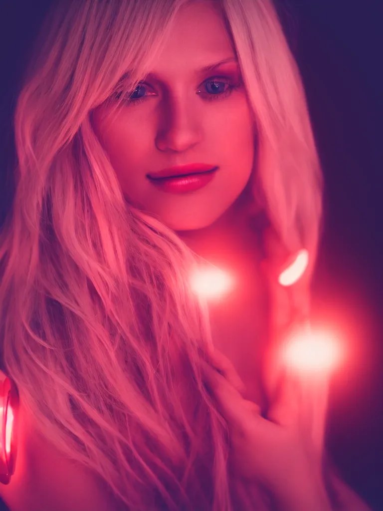 Image similar to photograph of a pretty blond woman illuminated with red light, soft light, night