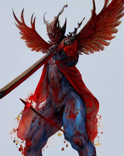 Prompt: a oil / watercolor painting full body character portrait of a demonic angel wielding a broken sword coated in fire in the style of moebius in the style of leonard boyarsky trending on artstation deviantart pinterest detailed photorealistic highlights and shadow hd 8 k post - processing high resolution