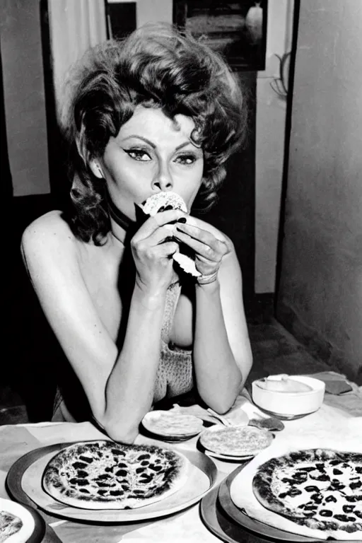 Image similar to historical photo of sophia loren eating!!! a pizza! margherita, full body, portrait photo, diffuse light, acclaimed masterpiece