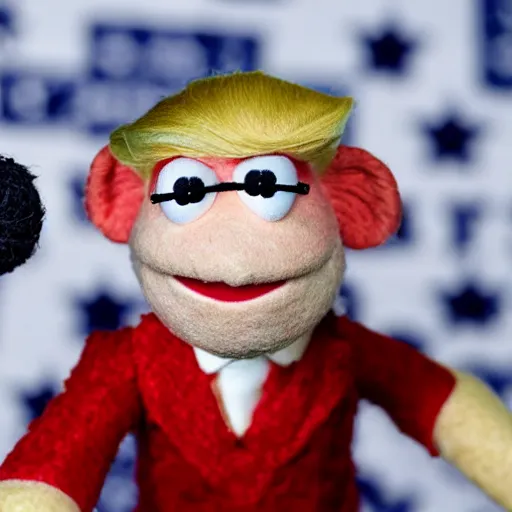 Image similar to close up of donald trump muppet, puppet, wool, dslr photo