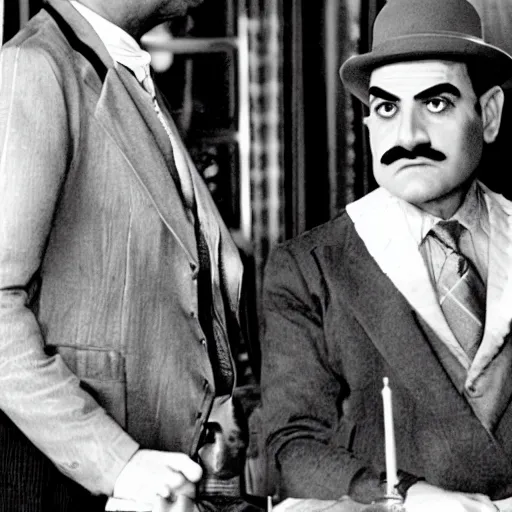 Image similar to scene of the hercule poirot tv serie featuring david suchet with a smaller moustache