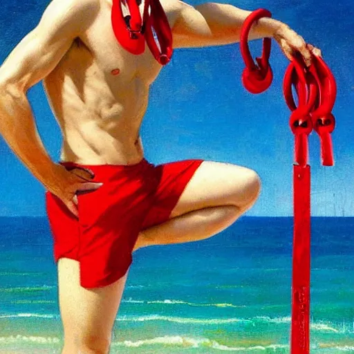 Image similar to “ tom holland as a lifeguard wearing red swimtrunks, whistle hanging from his neck, beach, sunshine painting by gaston bussiere, craig mullins, j. c. leyendecker, tom of finland ”