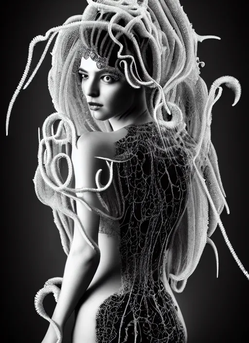 Image similar to surreal mythical dreamy dark artistic black and white fine art photo of a beautiful young female medusa - cyborg covered with translucent algae, highly detailed, intricate crystal ivy jelly fish scales ornate, lace web, poetic, octane render, 8 k, photo - realistic, by man ray