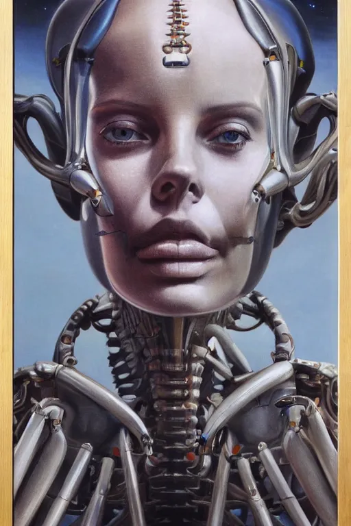 Image similar to beautiful oil painting portrait of biomechanical woman face connected to the machine by chesley bonestell, wayne barlowe, complex, stunning, realistic skin color, 4 k, high res, awardwinning, masterpiece, realistic lighting