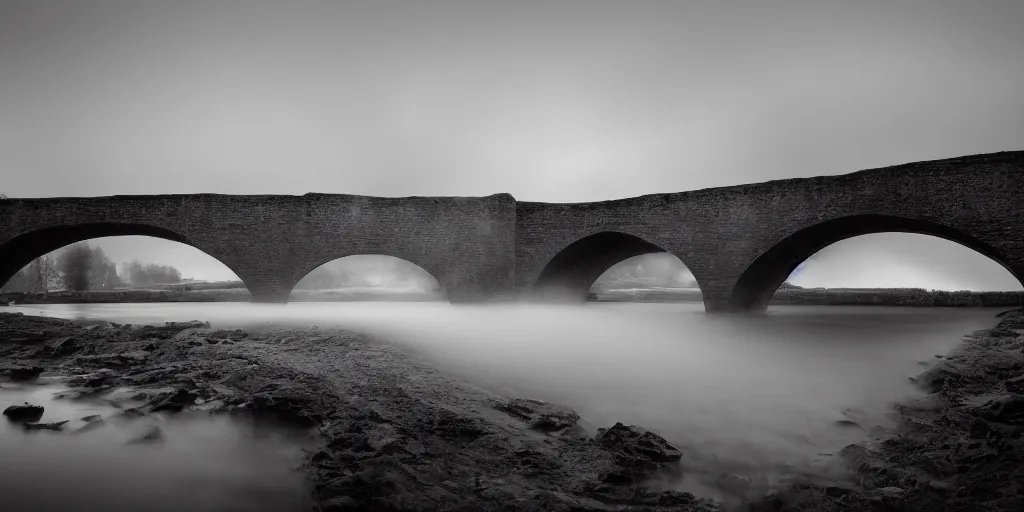 Prompt: still long exposure masterpiece photography of an antic arch bridge, emerging from the lake water, lomography, monochromatic, light blue shift, mist