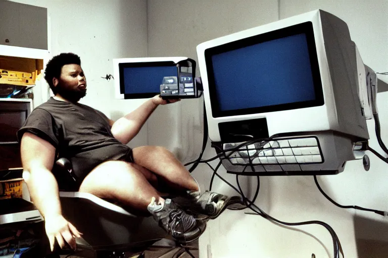 Image similar to large man with a robot arm sitting in a gamer chair, from 1999, bathed in the glow of a crt television, crt screens in background, low-light photograph, in style of Tyler Mitchell