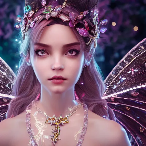 Image similar to portrait of fairy princess, glowing, ornate and intricate jewelry, jaw dropping beauty, glowing background lighting, white accent lighting, hyper detailed, fairy tale, 4 k octane render