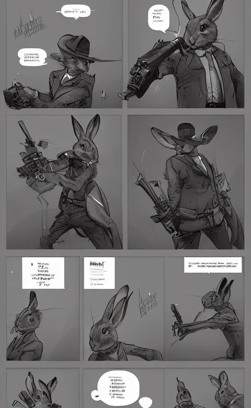 Image similar to rabbit as a hitman, dynamic lighting, fantasy concept art, trending on art station, stunning visuals, creative, cinematic, ultra detailed, comic strip style