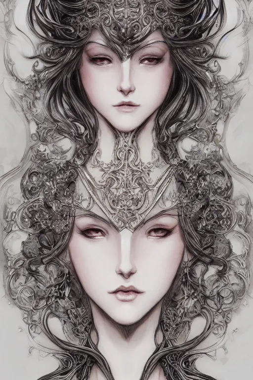 Prompt: portrait of a woman's face, baroque style, elegant, beautiful, intricate lining, mesmerizing, concept art, fancy clothing, highly detailed, artstation, trending, inspired by innocent manga, inspired by castlevania concept art, by ayami kojima, shinichi sakamoto