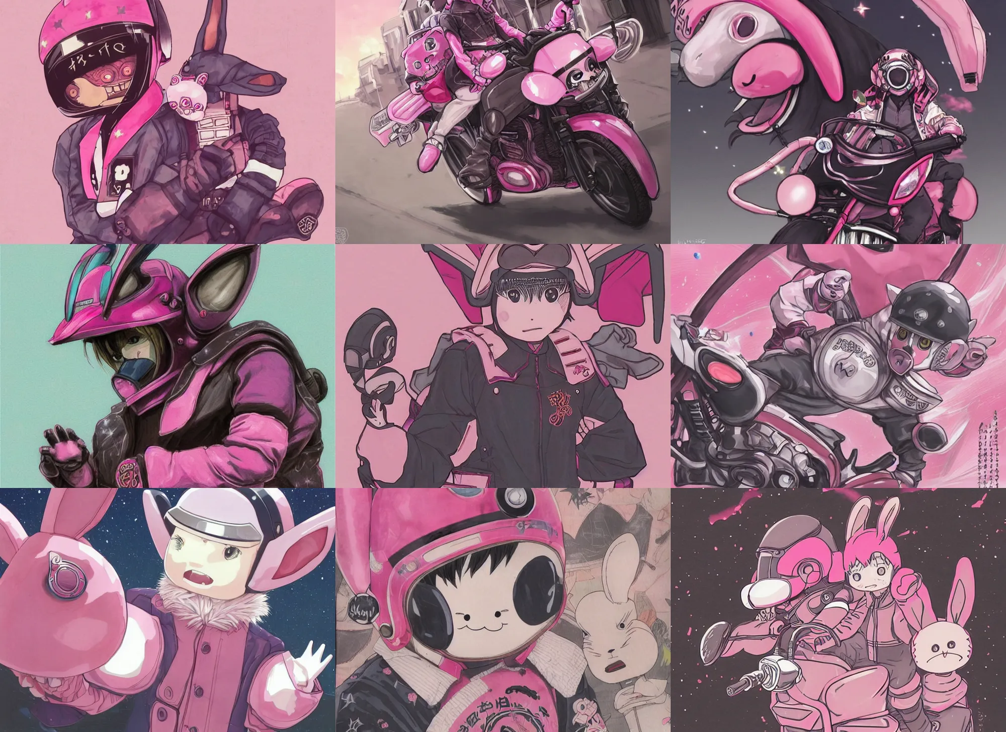 Image similar to official artwork of a half human yokai, motorcycle, helmet, anime pink rabbit wearing a letterman jacket, by Krenz Cushart, detailed art, many stars in the night sky, pink iconic character, 獣, yokai, wallpaper, bunny, large ears, けもの, male character, aesthetic, helmet, ghost, beast, motorbiker, rabbit, rabbit shaped helmet