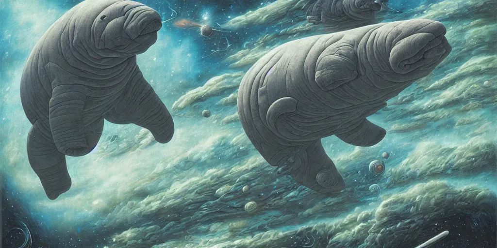 Prompt: space dugong by dan seagrave art and Moebius