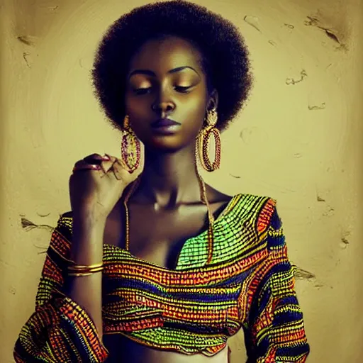 Image similar to beautiful east african woman, east african attire, monochromatic colors, seductive, painterly, surrealist, fine art photography, dreamy