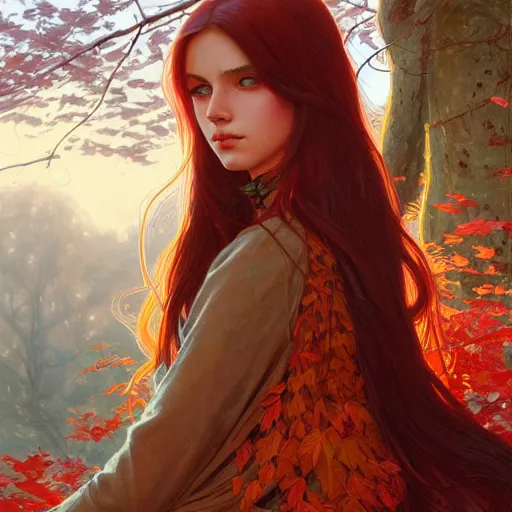 Image similar to girl with super long hair, hair becoming autumn red leaves, intricate, highly detailed, digital painting, artstation, concept art, smooth, sharp focus, illustration, unreal engine 5, 8 k, art by artgerm and greg rutkowski and alphonse mucha