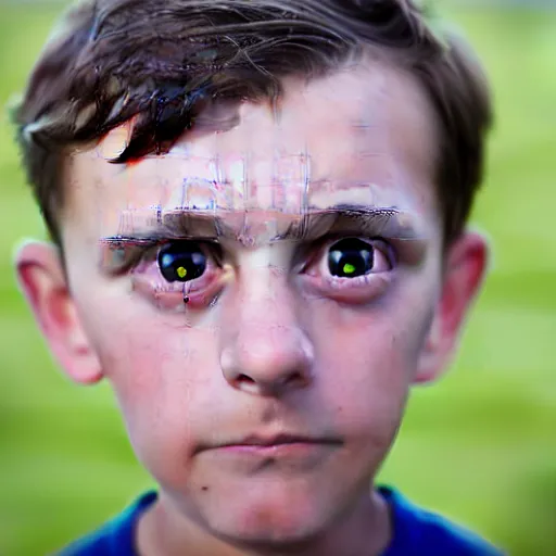 Prompt: serious looking 9 year old boy with crossed googly eyes