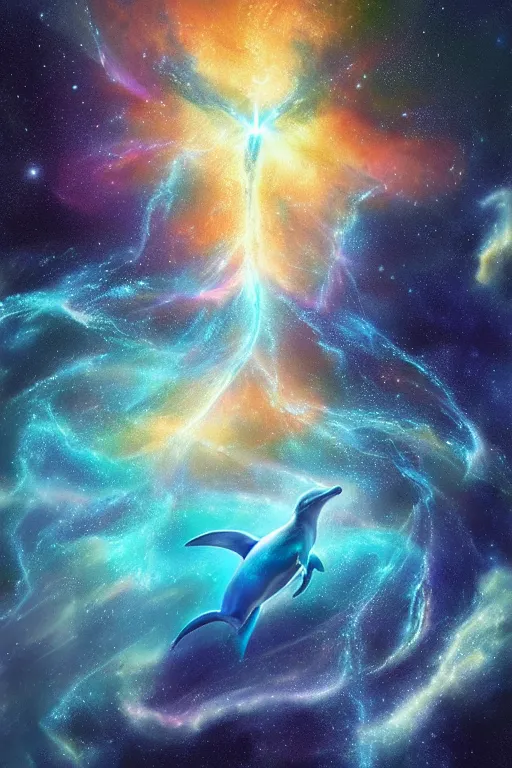 Image similar to Ethereal blue fire dolphin 🐬 flying through a nebula, Sirius star system, star dust, cosmic, magical, shiny, glow,cosmos, galaxies, stars, outer space, stunning, by andreas rocha and john howe, and Martin Johnson Heade, featured on artstation, featured on behance, golden ratio, ultrawide angle, hyper detailed, photorealistic, epic composition, wide angle, f32, well composed, UE5, 8k