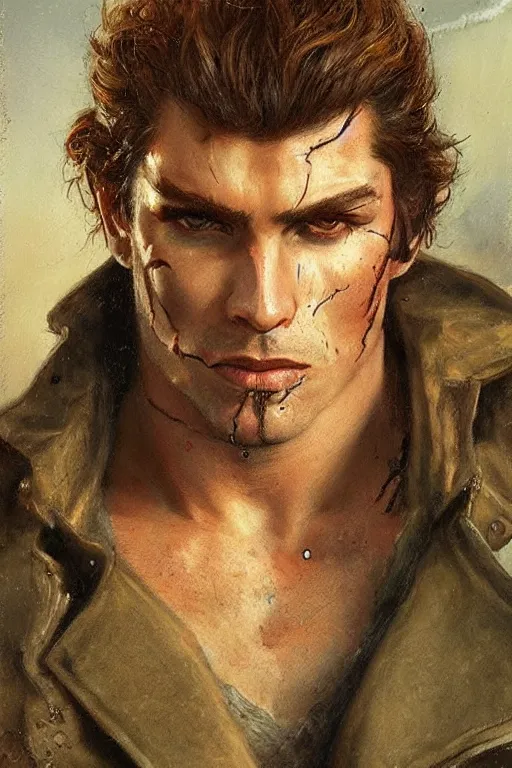 Prompt: a thirty - five year old contract killer named cobalt. he wears a brown leather jacket. he has a burn scar up the side of his face. art by gaston bussiere.