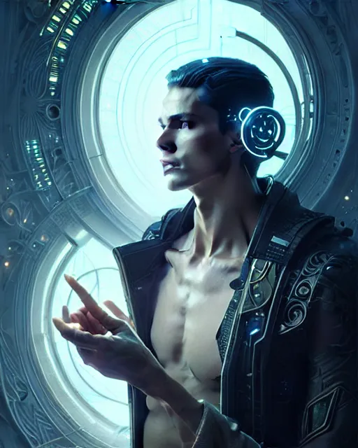 Prompt: Beautiful ethereal cyberpunk man, art nouveau, fantasy, intricate binary and electronic designs, elegant, highly detailed, sharp focus, art by Artgerm and Greg Rutkowski and WLOP