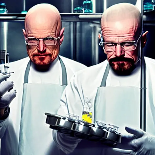 Image similar to elon musk and walter white cooking meth in a laboratory, amazing detail, detailed faces, sharp, 8k