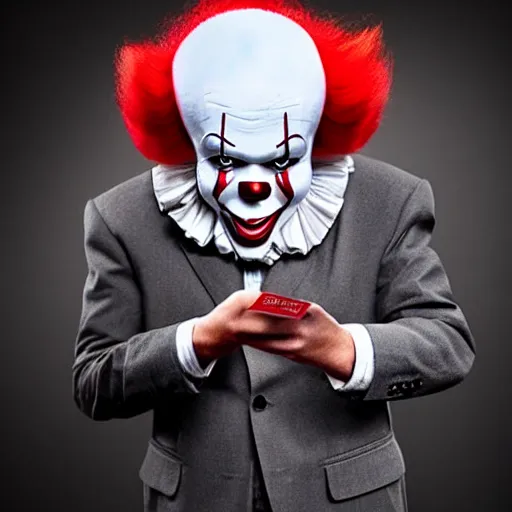 Image similar to Pennywise the clown wearing a business suit and holding a banknote in his hands, full body shot, highly-detailed