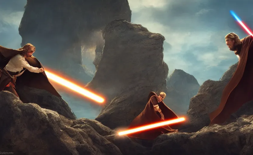 Image similar to anakin skywalker and obi wan kenobi engaging in an epic duel on a cliffside, epic, fantasy artwork, intense, cinematic, raytracing, dynamic lighting, 4 k