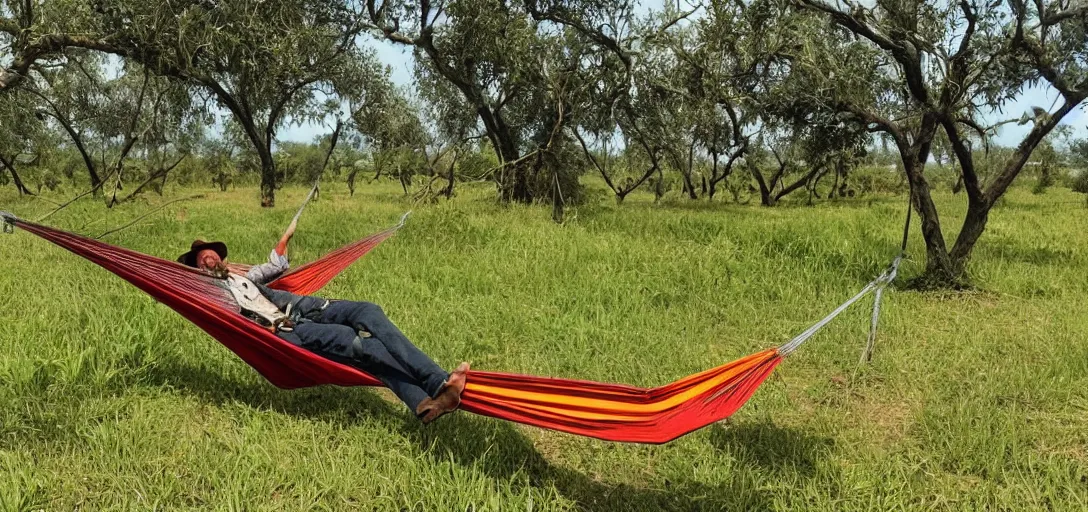 Image similar to Dutch Van Der Linde from Red Dead Redemption 2 sleeping in a hammock, a field of mango trees in the background
