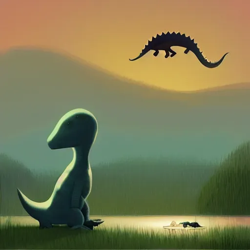 Image similar to cute dino in lake under big full moon, painting by Goro Fujita and pascal campion, sharp focus, simon stahlberg, highly detailed, ArtStation