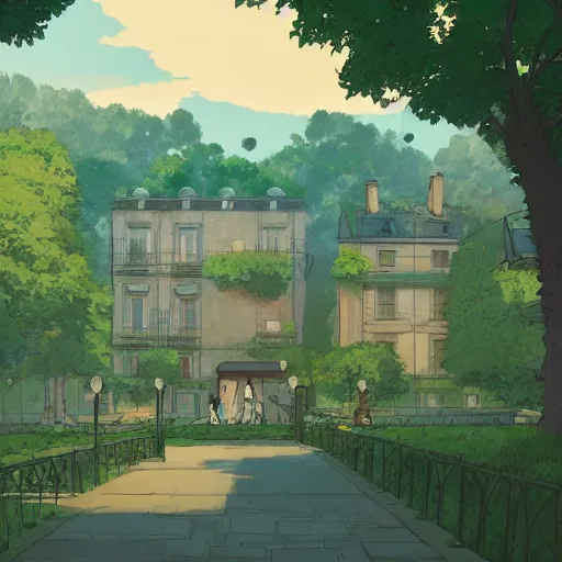 Image similar to Université Pierre et Marie Curie, Paris VI, in the style of studio ghibli, beautiful landscape, intense lighting, 8k, trending on artstation