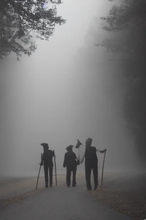 Image similar to a group of clowns walking down a long dark foggy alley the are carrying sticks. fog,