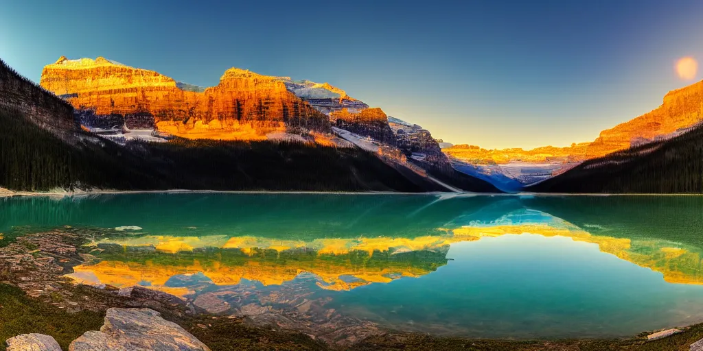 Image similar to lake louise panaroma at dawn detailed luminescent oil painting 4 k