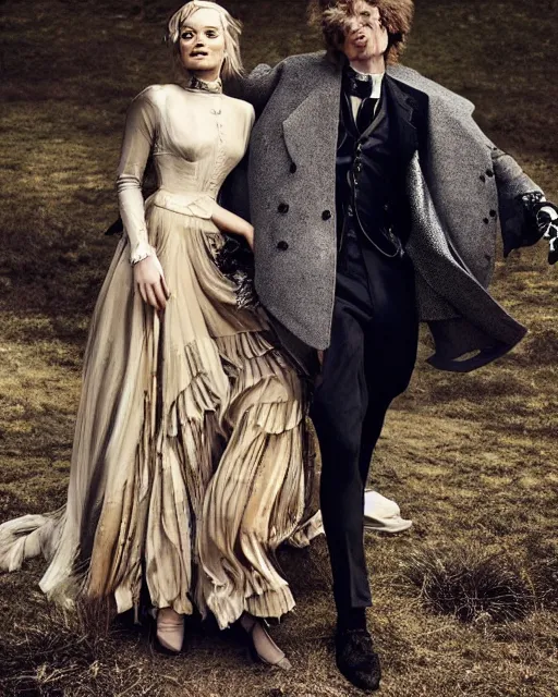 Prompt: fashion editorial of actress Margot Robbie wearing a beautiful Victorian era dress by Sandy Powell and her friend an anthropomorphic spotted hyena human hybrid model wearing Haider Ackerman, photographed in the style of Annie Leibovitz