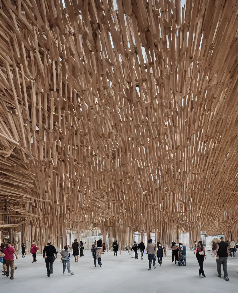 Image similar to a complex building, large wood joinery, dowels and pegs, people walking, architectural photography