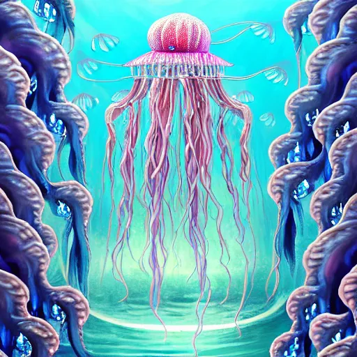 Prompt: A painting of priestesses worshipping at the jellyfish temple, shrouded in mist, jellyfish god, jellyfish priestess, jellyfish shrine maiden, 8K, illustration, art by BambooWu, smoke, undersea temple with fish, cinematic, insanely detailed and intricate, hypermaximalist, elegant, super detailed, award-winning, magenta and crimson and cyan, rainbow accents, iridescence, bioluminescence, mysterious, ancient, ritual, trending in cgsociety, artstation HQ, ornate, elite, haunting, matte painting, beautiful detailed, insanely intricate details, dreamy and ethereal, otherworldly