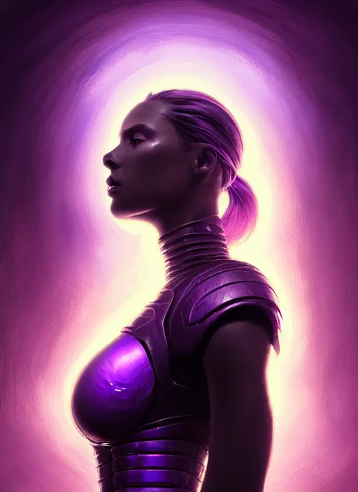 Image similar to top down lighting, extreme close up, stunning portrait of a woman in purple leather future armor with a long black ponytail, purple eye, glowing with void energy, spaceship hallway, intricate, mood lighting, highly detailed, digital painting, artstation, concept art, smooth, sharp focus, illustration, art by wlop, mars ravelo and greg rutkowski