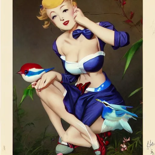 Image similar to anime pinup girl holding an indigo bunting, bird, the bird is wearing a bowtie, by greg rutkowski, rossdraws, gil elvgren, enoch bolles, anime, porcelain skin, very coherent