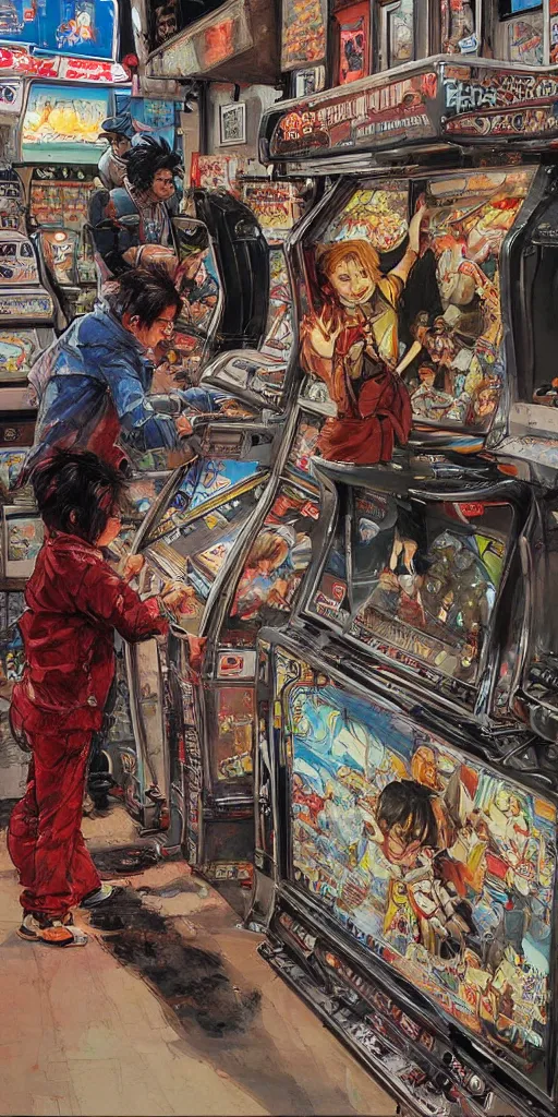 Image similar to oil painting scene from amusement arcade by kim jung gi