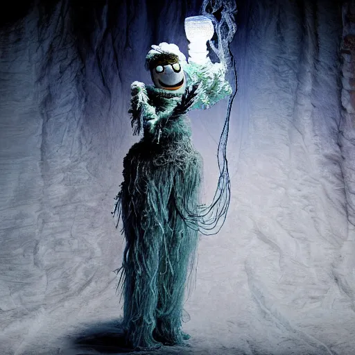 Image similar to humanoid ethereal ghostly live action muppet wraith like figure with a lightbulb jellyfish head with two very long tentacles for arms that flow gracefully at its sides while it floats around the frozen tundra searching for lost souls and that hide in the shadows in the trees, this character can control the ice, snow, shadows, and electricity, it is a real muppet by sesame street, photo realistic, real, realistic, felt, stopmotion, photography, sesame street