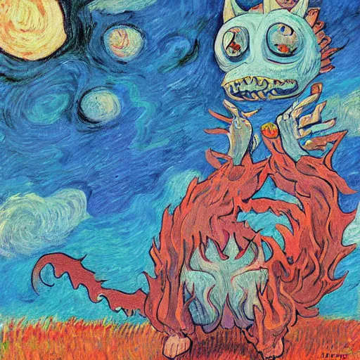 Image similar to whimsical silly painting of a terrifying demon, in the style of studio ghibli and moebius and claude monet and vincent van gogh