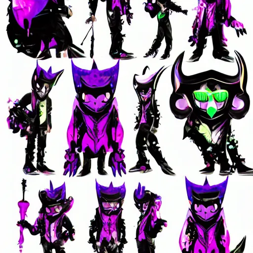 Image similar to character design sheets for a new vampire squid character, artwork in the style of splatoon from nintendo, art by tim schafer from double fine studios, black light, neon, spray paint, punk outfit, tall thin toothpick like frame adult character, fully clothed, gothic, color explosion, sparkles and glitter, pop art