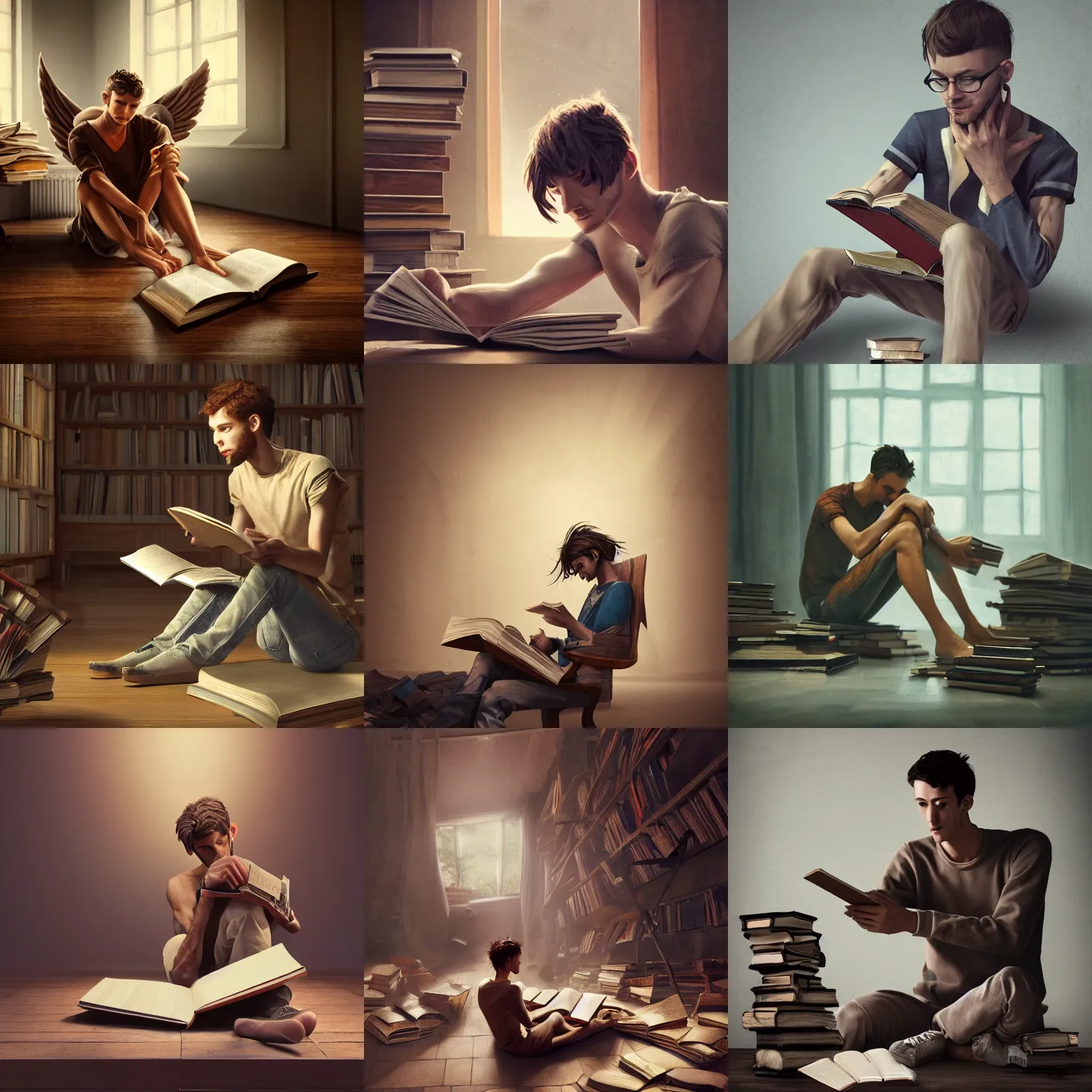 Prompt: A young skinny man with wooden wings is sitting on the floor surrounded by open books and trying to read , sharp focus, depth of field, hyper detailed, hyper realistic, High definition, trending at artstation, 8k, octane render, oil painting