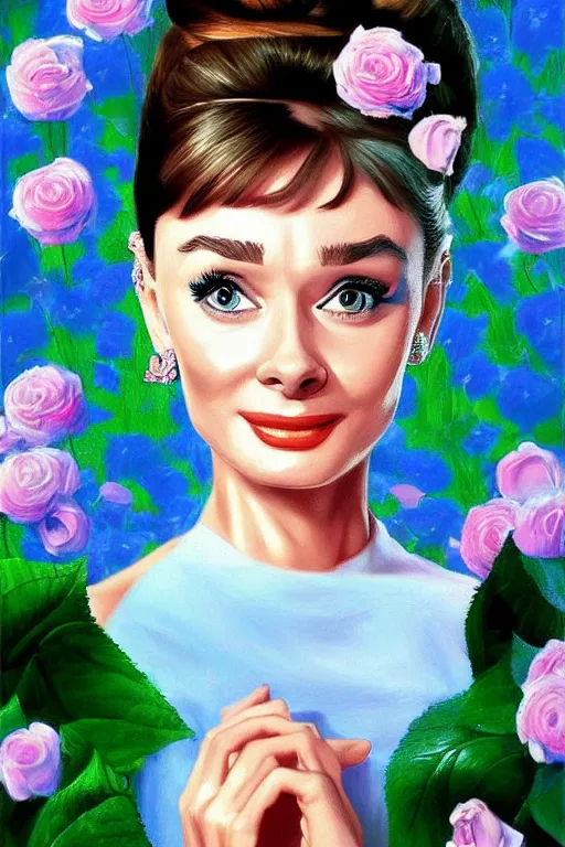 Prompt: beautiful digital painting audrey hepburn and blue roses, by Victor Nizovtsev , artstation, Behance, 4K