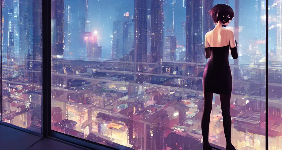 Image similar to back of woman wearing stylish black minidress looking out a penthouse window at a panoramic view of a cyberpunk city at night, bokeh lights, anime, ilya kuvshinov, guweiz, artstation trending, concept art