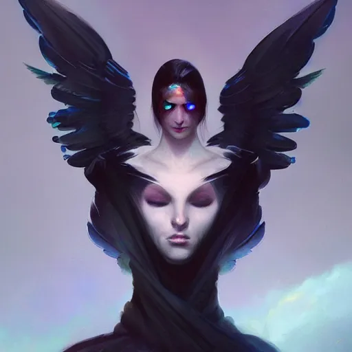 Prompt: character portrait of a modest robed dark raven angel with iridescent black raven wings, by Peter Mohrbacher, Mark Brooks, Jim Burns, Marina Abramović, Wadim Kashin, Greg Rutkowski, Davey Baker, trending on Artstation