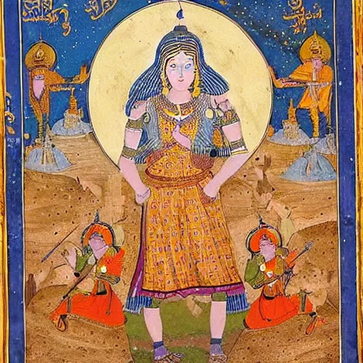 Image similar to woman warrior ascends to godhood. warriors watch in astonishment, holy mughal art painting by govardhan