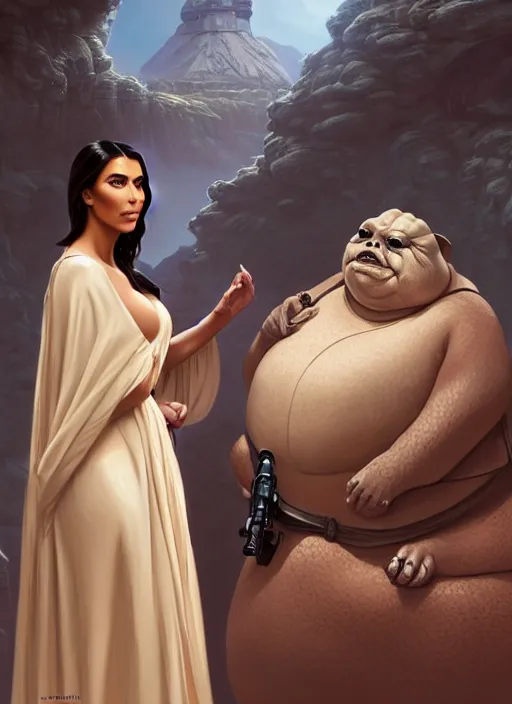 Prompt: A film still of kim kardashian as princess leigha beside jabba the hut in star wars, highly detailed, digital painting, artstation, concept art, sharp focus, illustration, cinematic lighting, art by artgerm and greg rutkowski and alphonse mucha diffuse lighting, fantasy, intricate, elegant, highly detailed, lifelike, photorealistic, digital painting, artstation, illustration, concept art, smooth, sharp focus, art by John Collier and Albert Aublet and Krenz Cushart and Artem Demura and Alphonse Mucha