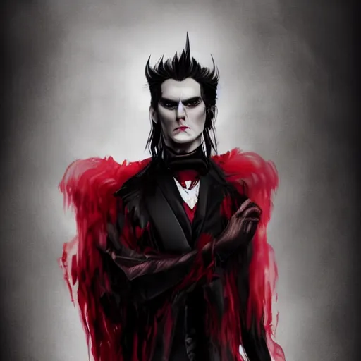 Image similar to a vampire, male, mid - 3 0 s aged, long, slicked black hair, clean shaven, in red and black, regal, high fantasy, realistic, highly detailed, full body shot, concept art, 8 k.