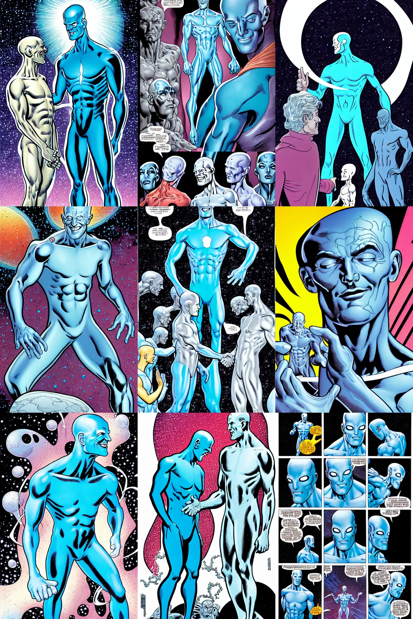 Prompt: silver surfer meets dr manhattan, shaking hands for public relations photo, smiling into the camera, illustrated by james jean